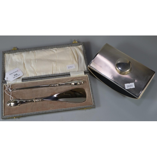 334 - Engine turned silver topped ink blotter together with a cased set of button hook and shoe horn with ... 