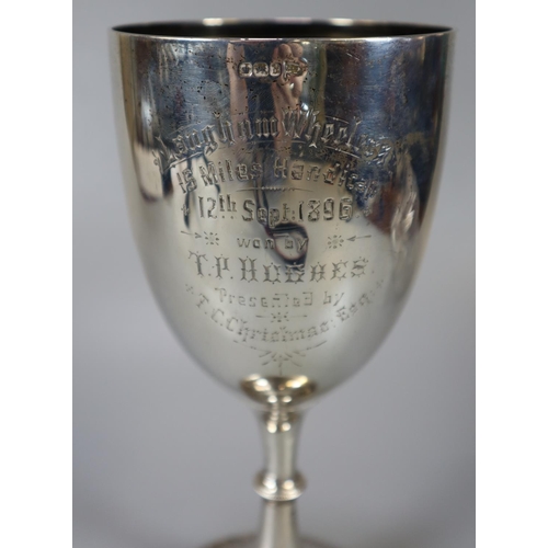 338 - Late Victorian Walker & Hall silver presentation trophy cup/goblet 'Langham Wheelers 15 Miles Handic... 