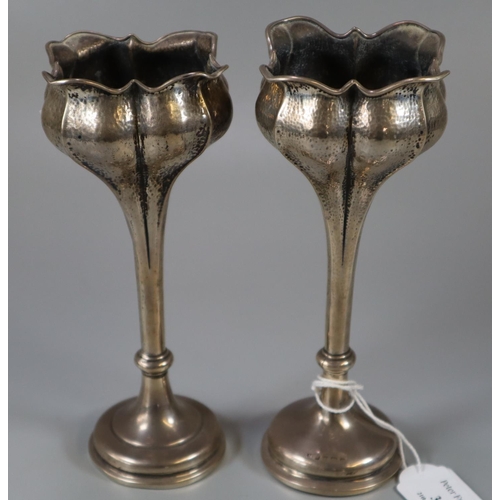 343 - Pair of silver Art Nouveau organic design tulip vases with loaded bases, Birmingham hallmarks.  18.5... 