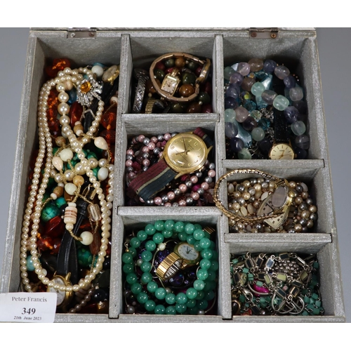 349 - Modern wooden jewellery box comprising assorted jewellery, to include: watches, hardstone necklaces,... 