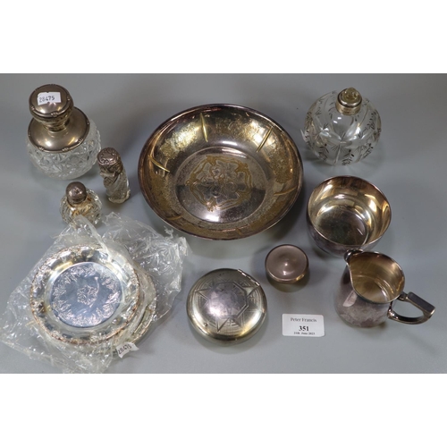 351 - Box of silver and silver plate to include: various glass and silver topped scent bottles, snuff box,... 