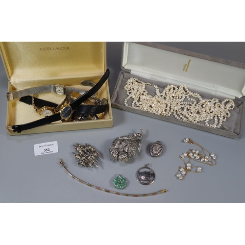 352 - Box of costume jewellery to include: various watches, modernist and other brooches, Chinese green ha... 