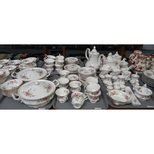 358 - Nine trays of Royal Albert English bone china 'Moss Rose' design items to include: coffee pot, teapo... 