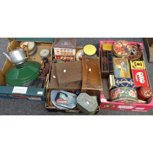 360 - Three boxes of mostly metalware to include: various vintage tins; biscuit tins, Oxo tin, Bisto, toba... 