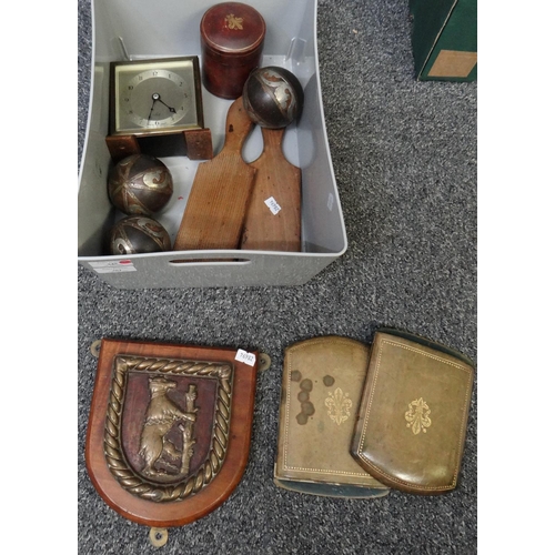 361 - Box of assorted items to include: butter pats, leather bookends, leather lidded pot with fleur de li... 