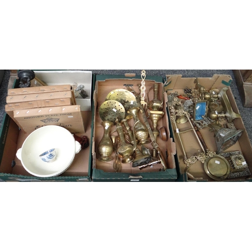 362 - Two boxes of brassware to include: brass candlesticks, vases, inkwell, miniature easel, miniature be... 