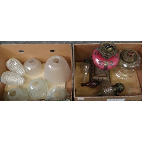 364 - Two boxes of oil lamps and oil lamp shades to include: three frosted fluted edged Art Nouveau style ... 