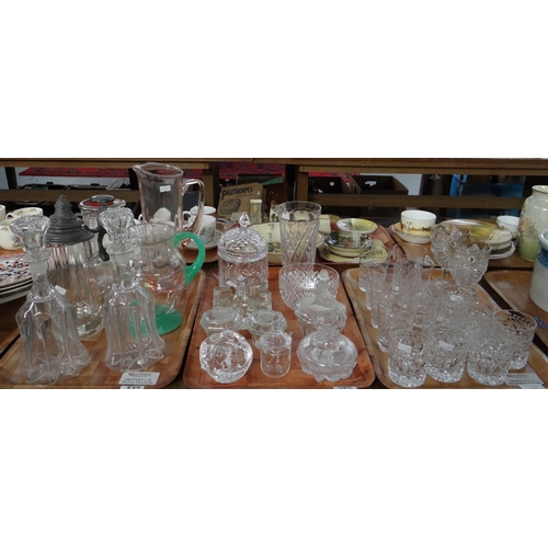 374 - Three trays of glassware to include: various cut glass drinking vessels; whisky tumblers, moulded gl... 