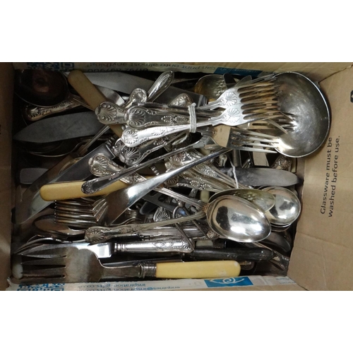 379 - Box of loose cutlery to include; carving sets, plated soup spoons, serving spoons, ladle, forks, ber... 