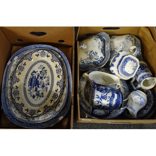 385 - Two boxes of blue and white mostly 19th Century china to include: oval and other meat plates; Coland... 