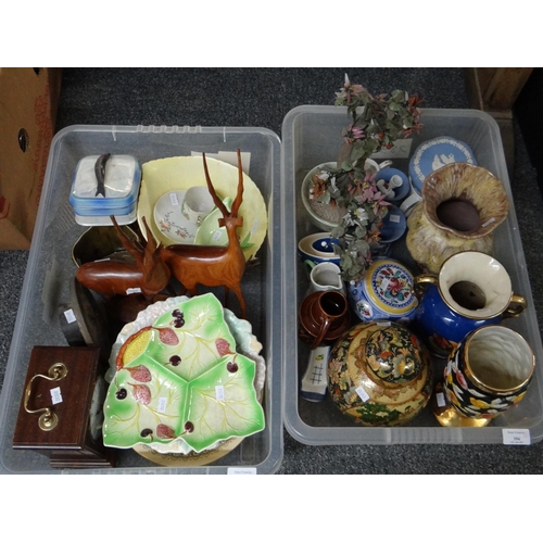 394 - Two boxes of mixed items to include: various Art pottery and other vases, oriental ginger jar and co... 