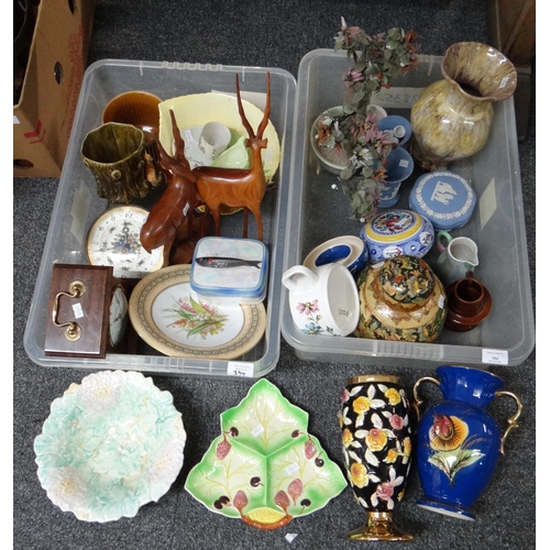 394 - Two boxes of mixed items to include: various Art pottery and other vases, oriental ginger jar and co... 