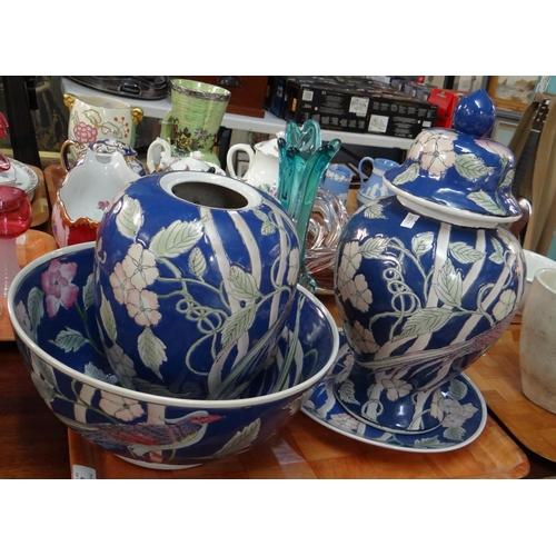 410 - Modern Chinese blue ground exotic bird design china to include: two large ginger jars (one without l... 