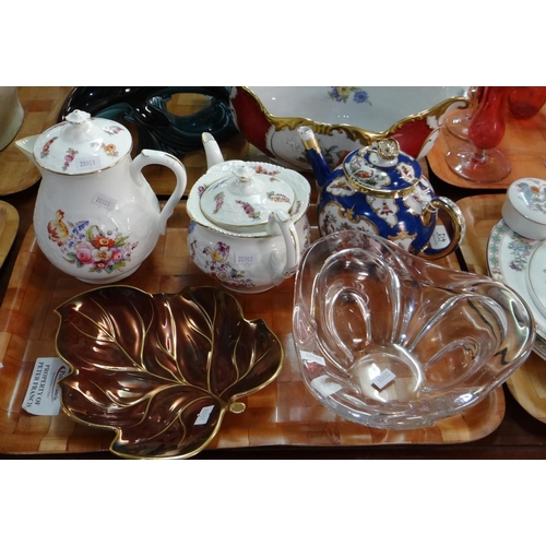 412 - Two trays of china and glass to include: Arthur Wood pitcher, Coalport floral teapot and coffee pot,... 