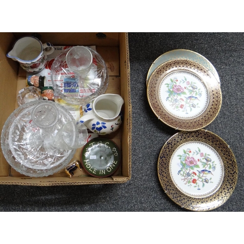 422 - Box of china and glass to include: Aynsley cabinet plates, cut glass centre bowls, Royal Doulton min... 