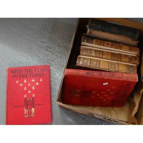 430 - Box of antiquarian books to include: Volume I & II of 'With the flag to Pretoria' by  H.W. Wilson, p... 