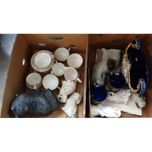 434 - Two boxes of mostly china to include: Staffordshire fireside seated Spaniels, Donegal Parian china f... 