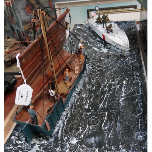 444 - Model diorama on naturalistic seascape base of a USA Gunboat and a native sailing vessel.  (B.P. 21%... 