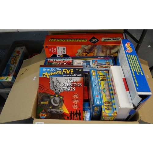 448 - Two boxes of board and other games to include: Mousetrap, New Downfall, Jigsaw Puzzle Game, Matchbox... 