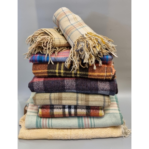 453 - Box of textiles to include: various check blankets or carthen and throws, two woollen shawls and a d... 