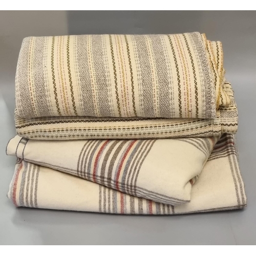 463 - Box containing two vintage woollen cream ground check blankets or carthen and two antique striped na... 