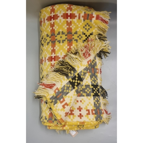 469 - Vintage woollen Welsh tapestry yellow ground blanket or carthen with fringed edge and geometric desi... 