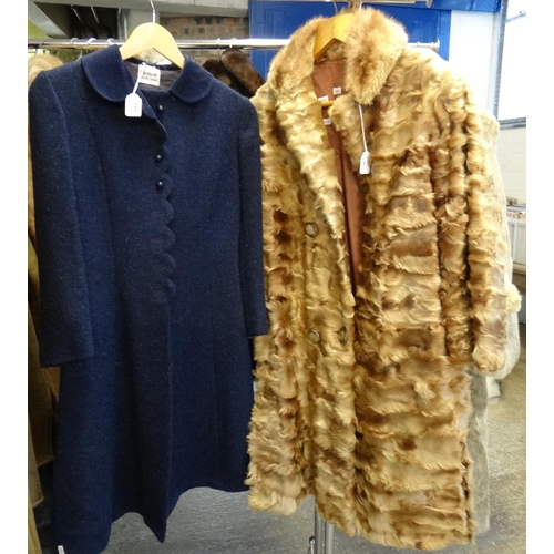 480 - Two vintage coats (60's-70's); a vintage ruffle textured calf skin coat and a blue tweed coat with v... 