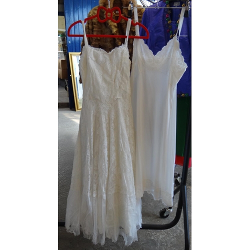 492 - Charity sale. Vintage lace wedding dress with ruched bodice,  a size 38 label and sewn in underskirt... 