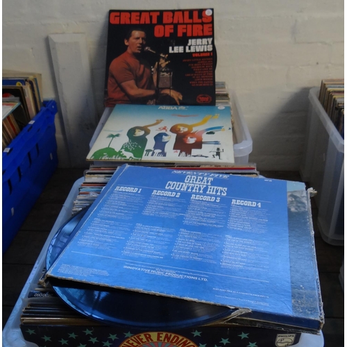 498 - Two plastic boxes of vinyl LPs to include: Jerry Lee Lewis, Abba, Robin Gibb, Cliff Richard, Engelbe... 