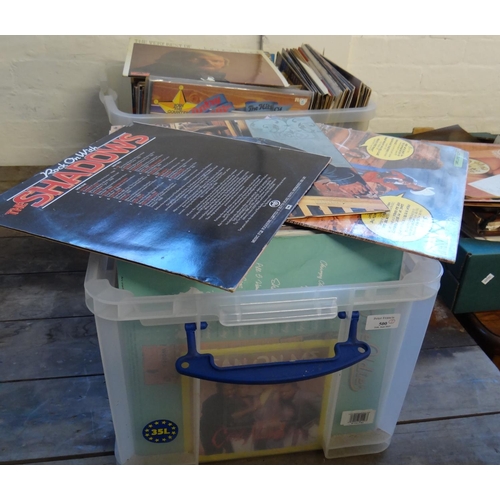 500 - Two plastic boxes of vinyl LPs to include: Rock On with The Shadows, Johnny Cash, Showaddywaddy's Gr... 