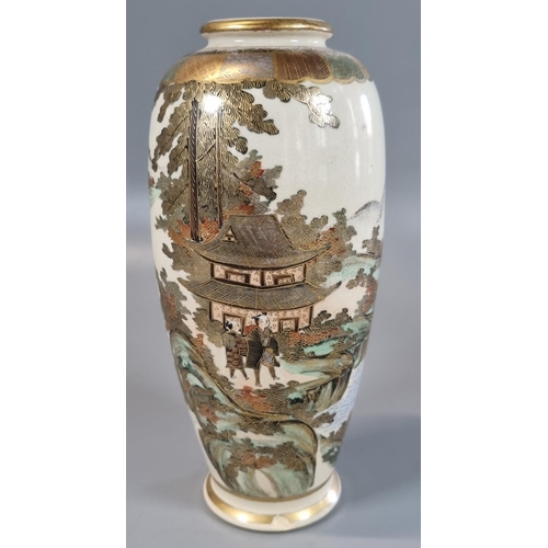 61 - Japanese Satsuma baluster vase decorated with pagodas and figures within a landscape. Satsuma charac... 