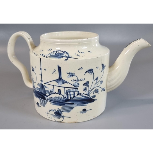 62 - 18th century English Creamware cylindrical teapot decorated in under glazed blue with chinoiserie de... 