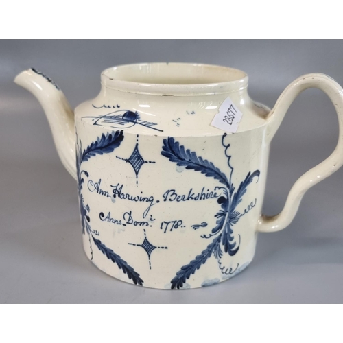 62 - 18th century English Creamware cylindrical teapot decorated in under glazed blue with chinoiserie de... 