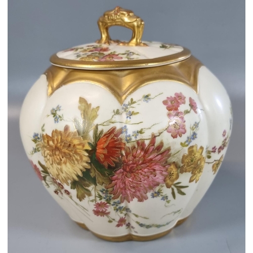 66 - Royal Worcester porcelain 1412 blush ivory floral decorated globular jar and cover with pierced loop... 