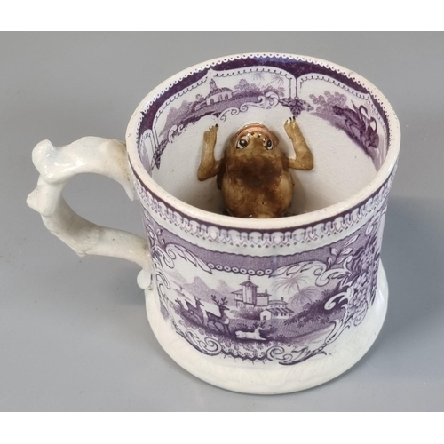 67 - Mid 19th century Welsh Cambrian Pottery frog mug with transfer printed puce decoration.  (B.P. 21% +... 