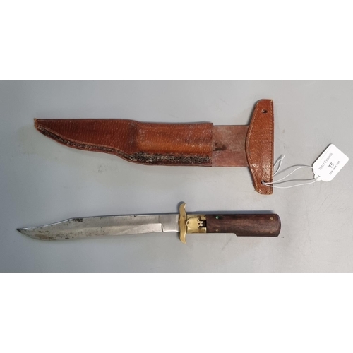 75 - Vintage folding sheath knife with brass mounts and wooden scales.  Leather sheath.  Over 18s only.  ... 