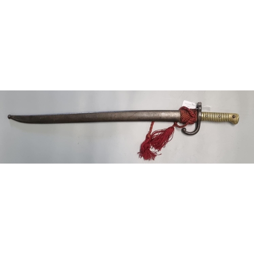 77 - 19th century French brass hilted sword bayonet with fullered slightly curved blade and metal scabbar... 