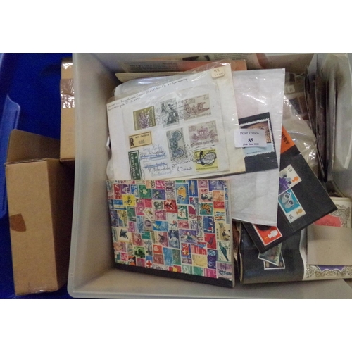 85 - Large plastic box of all World stamps on and off paper, on pages, covers etc. in various boxes.   (B... 