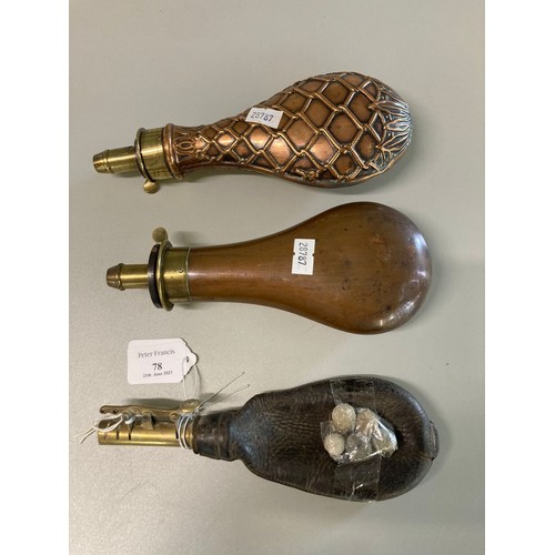 78 - 19th century leather powder flask with brass dispenser mount.  Together with two 19th century brass ... 