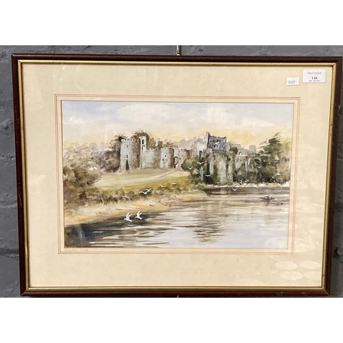 148 - British School (indistinctly signed), 'Chepstow Castle'.  Watercolours.  26x40cm approx.  Framed and... 