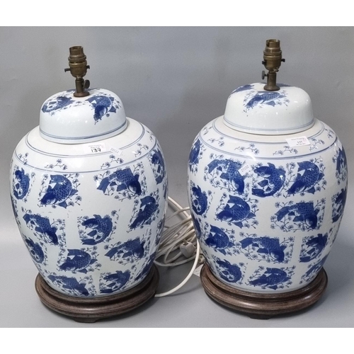 137 - Pair of 20th century Chinese blue and white porcelain large ginger jars on wooden stands now convert... 