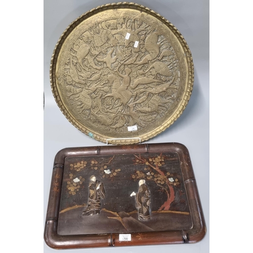 138 - Chinese hardwood tray with simulated bamboo frame depicting relief courtiers within a landscape. 54 ... 