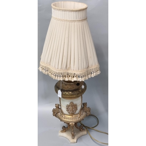 140 - Early 20th century oil lamp base now converted to electricity, having alabaster body and base, with ... 