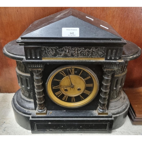 142 - Late Victorian slate architectural two train mantle clock.  (B.P. 21% + VAT)