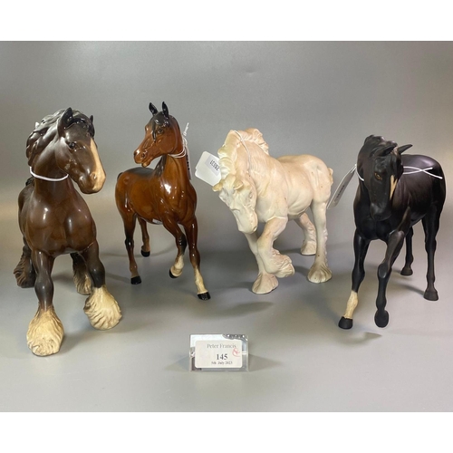 145 - Collection of three Beswick horses; two Shire horses etc, together with a Royal Doulton black china ... 