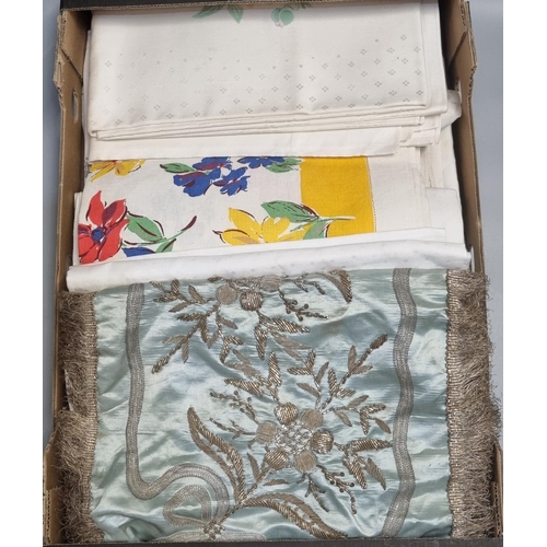 155 - Box of assorted vintage textiles to include: silk silver wire embroidered runner, various printed an... 