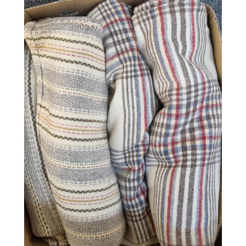 160 - Box containing two vintage woollen cream ground check blankets or carthen and two antique striped na... 