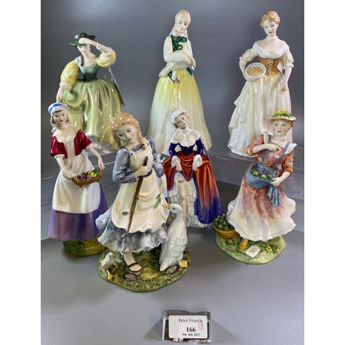 166 - Seven Royal Doulton bone china figurines to include: 'Dawn', 'Country Love', 'The Goose Girl', 'Maid... 