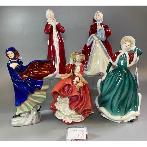 171 - Five Royal Doulton bone china figurines to include: 'Christmas Day 2001', 'Top O'the Hill', 'Rachel'... 