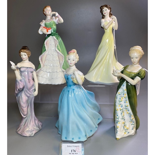 176 - Five Royal Doulton bone china figurines to include: 'Veneta', 'Harmony', 'Enchantment', 'Chelsea Kat... 